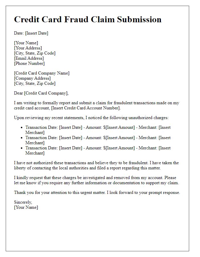 Letter template of credit card fraud claim submission for victims