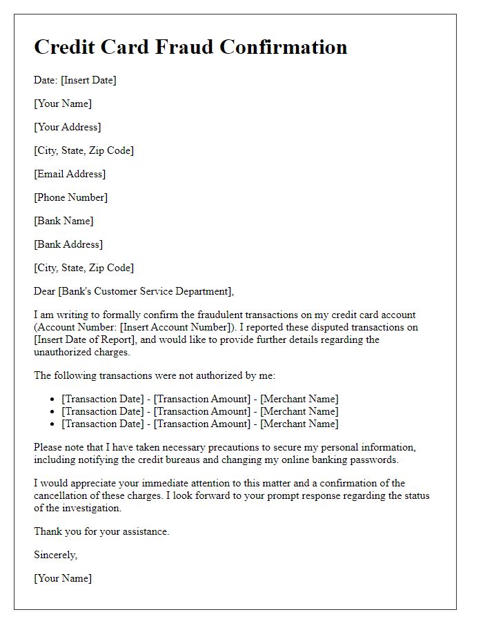 Letter template of credit card fraud confirmation for disputed transactions