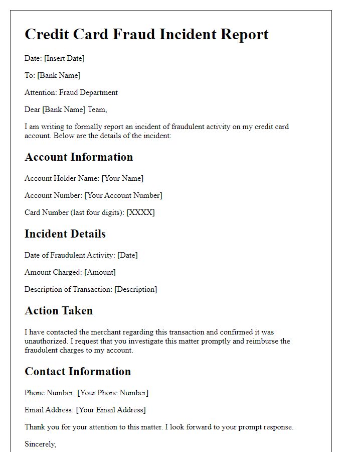 Letter template of credit card fraud incident report for banks