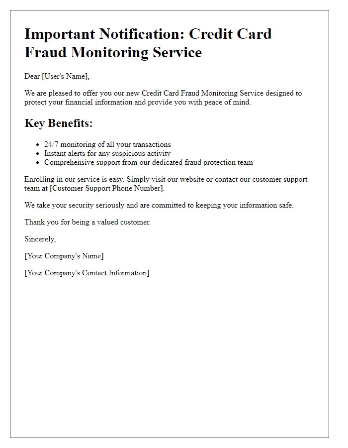 Letter template of credit card fraud monitoring service offer for users