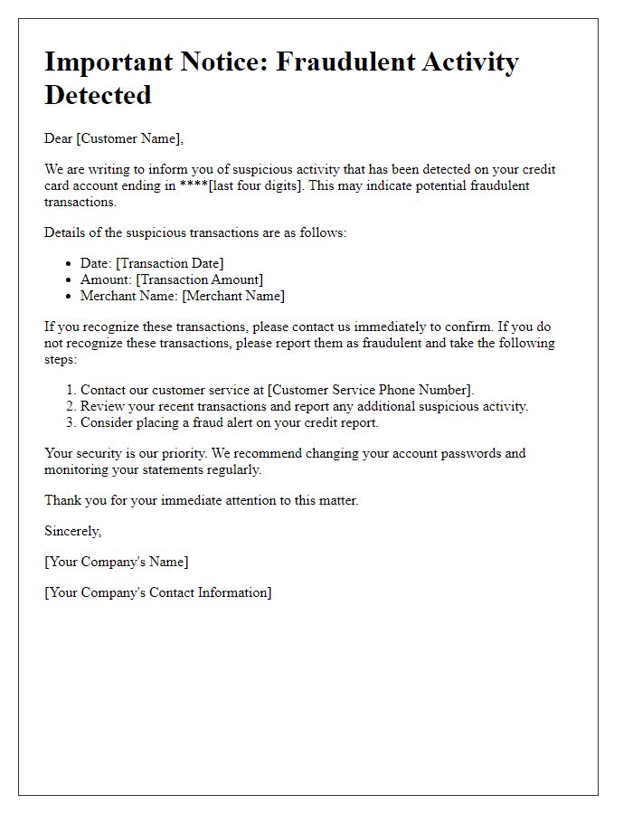 Letter template of credit card fraud notification for consumers