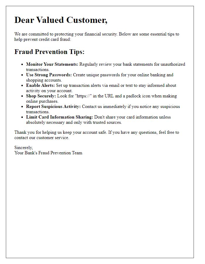 Letter template of credit card fraud prevention tips for customers