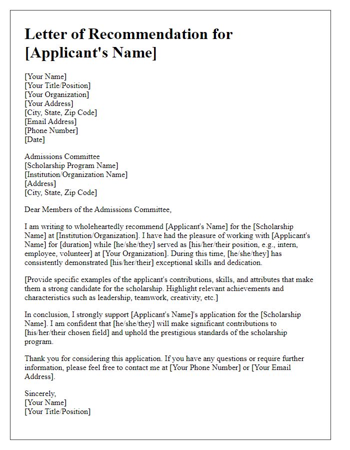 Letter template of a professional reference for scholarship applications