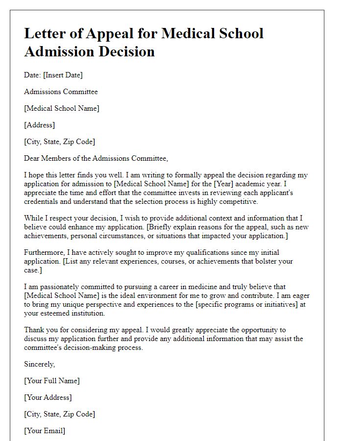 Letter template of appeal for medical school admission decision