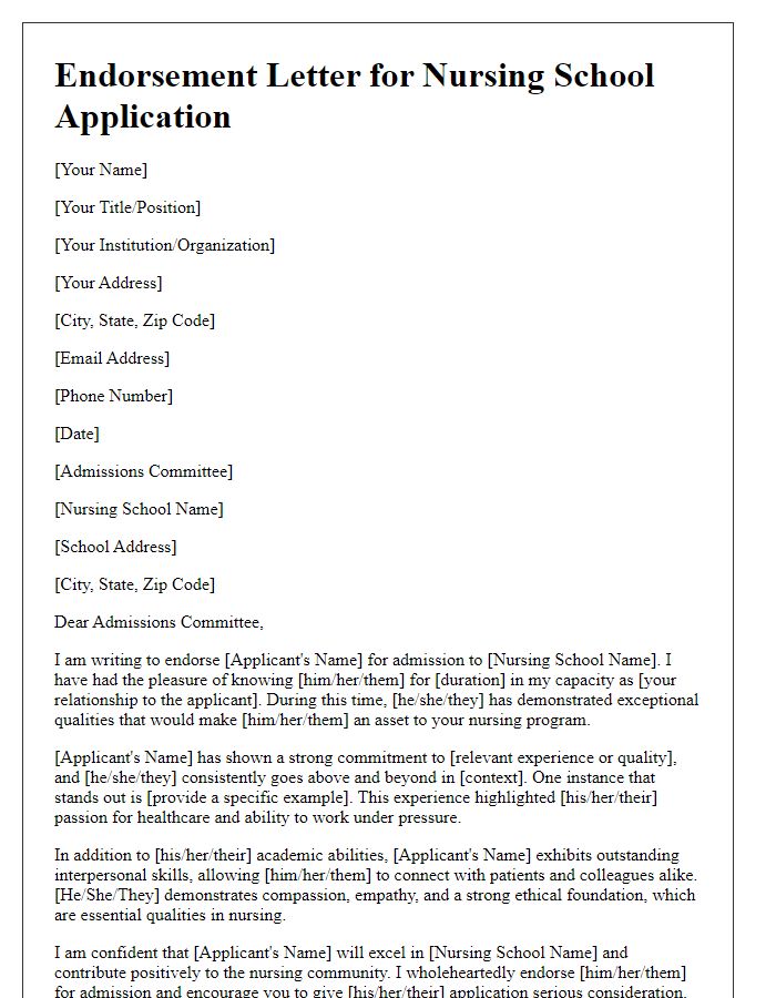 Letter template of endorsement for nursing school application