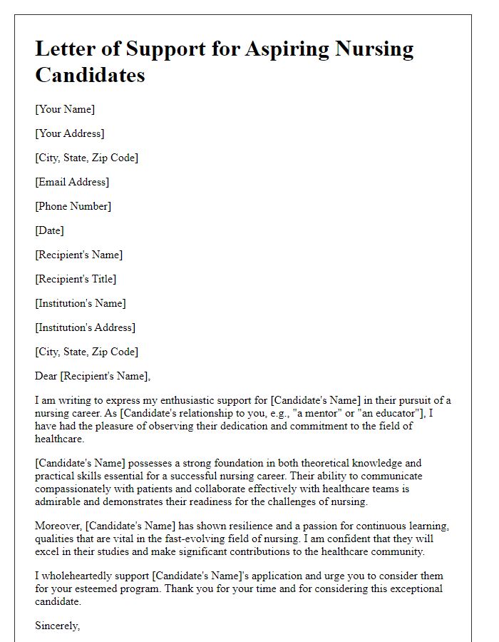 Letter template of support for aspiring nursing candidates