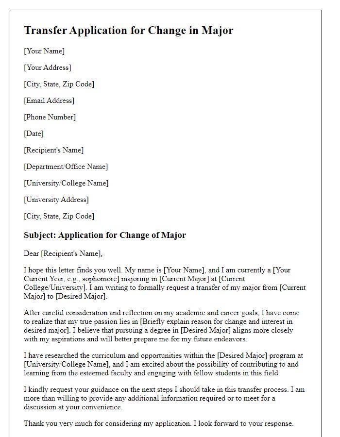 Letter template of college transfer application for change in major