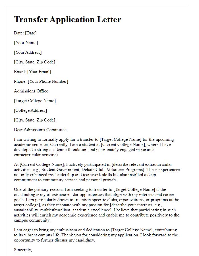 Letter template of college transfer application highlighting extracurricular opportunities