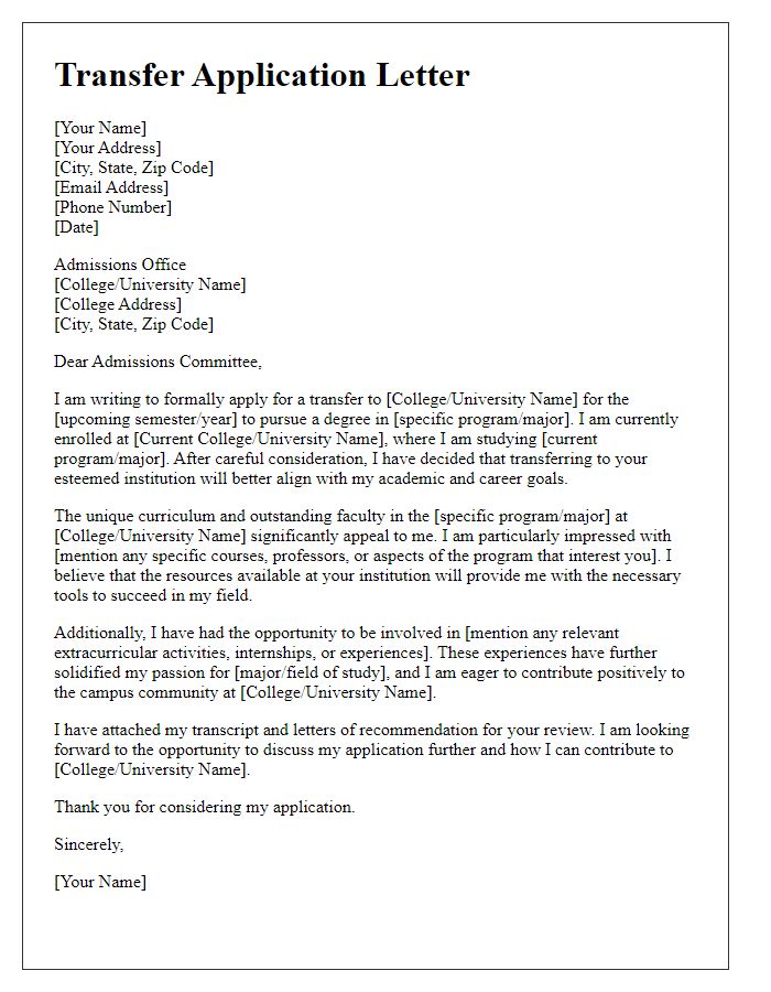 Letter template of college transfer application for program suitability