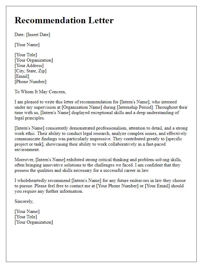 Letter template of internship supervisor recommendation for law students