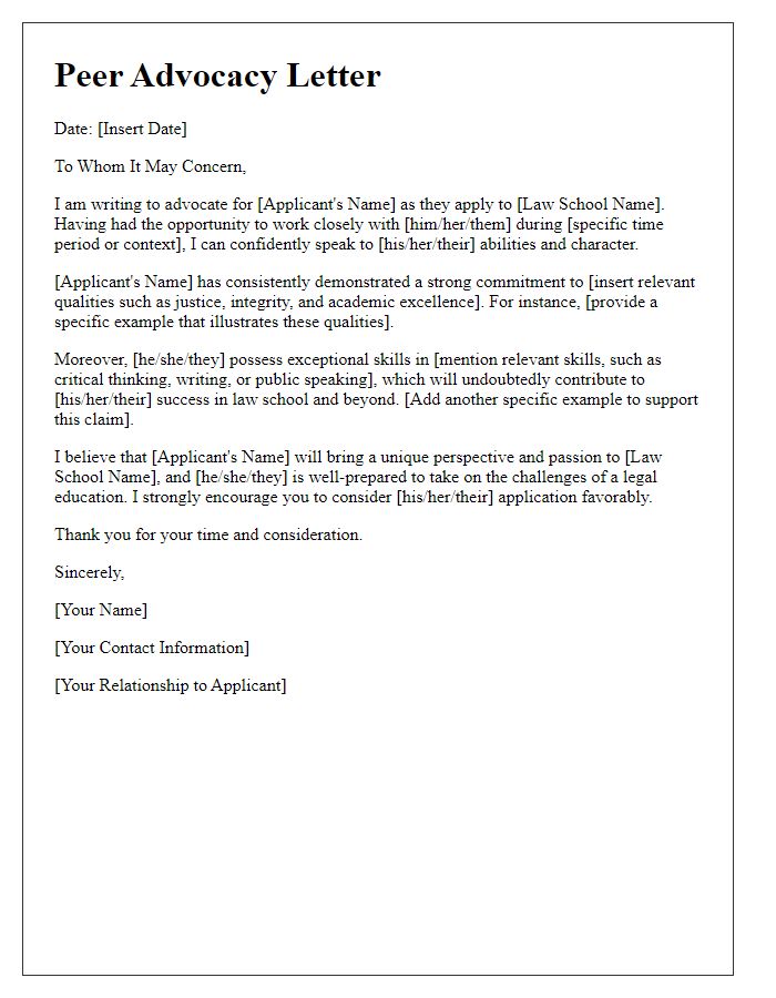 Letter template of peer advocacy for law school applicants