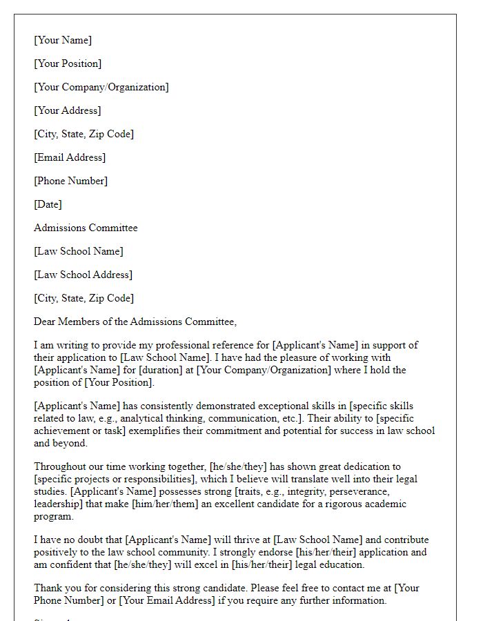 Letter template of professional reference for law school application