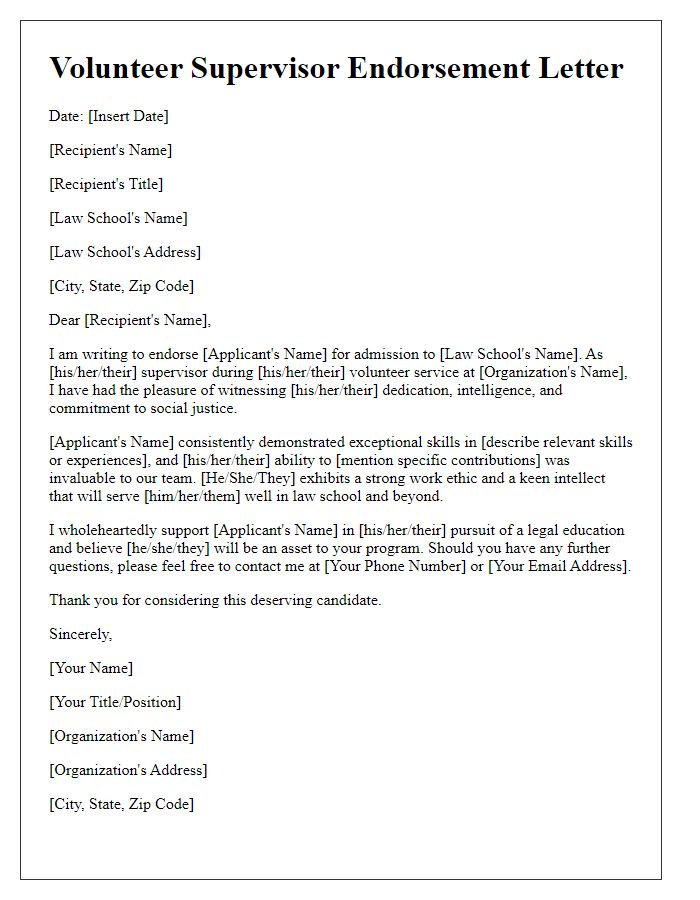 Letter template of volunteer supervisor endorsement for law school