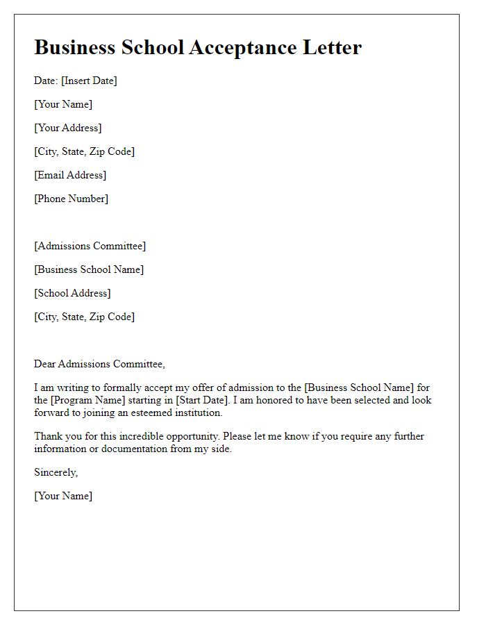 Letter template of acceptance for business school application