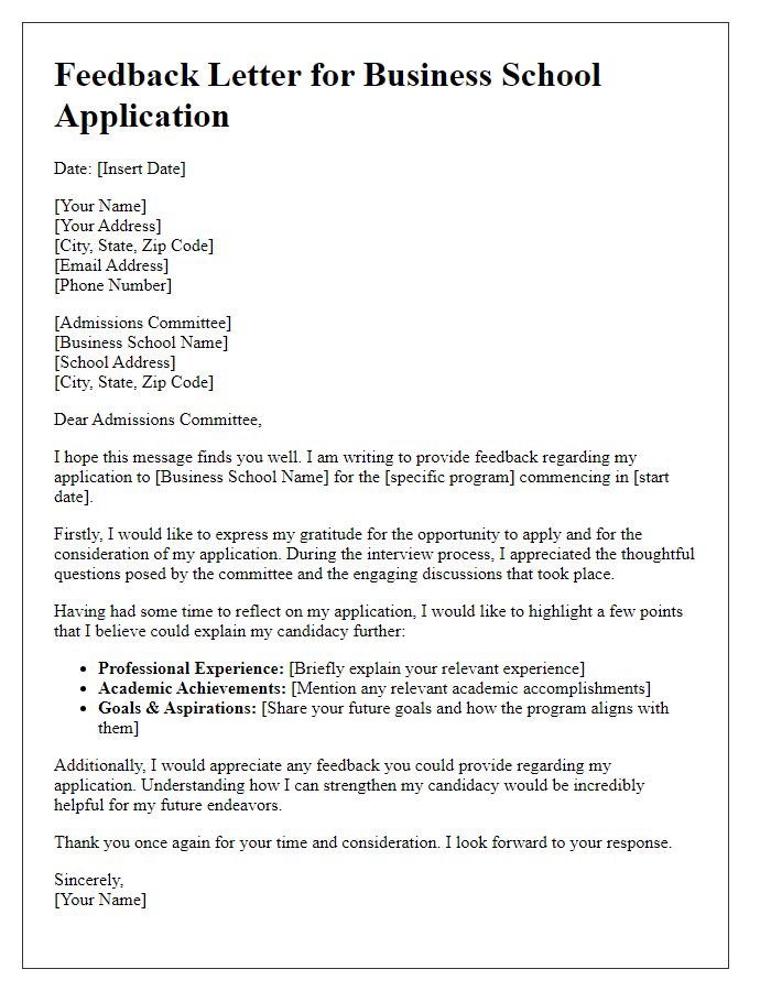 Letter template of feedback for business school application