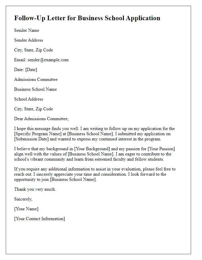 Letter template of follow-up for business school application