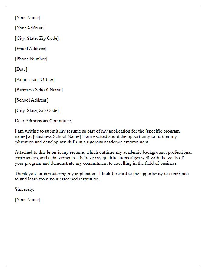 Letter template of resume submission for business school application