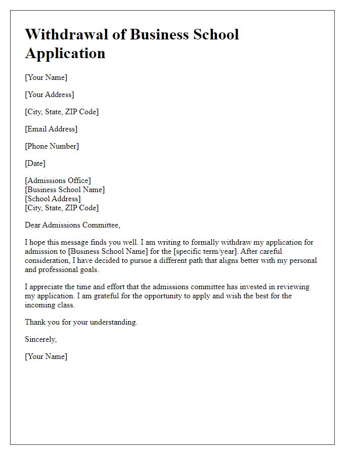 Letter template of withdrawal for business school application