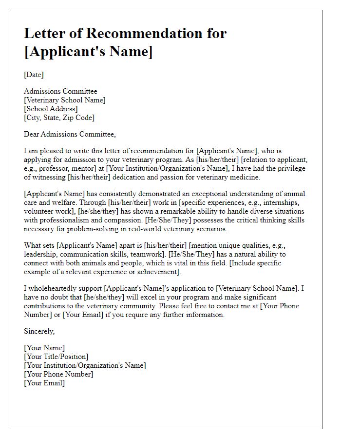 Letter template of veterinary school recommendation for international applicants.