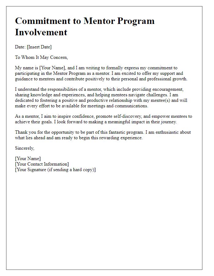 Letter template of commitment to mentor program involvement