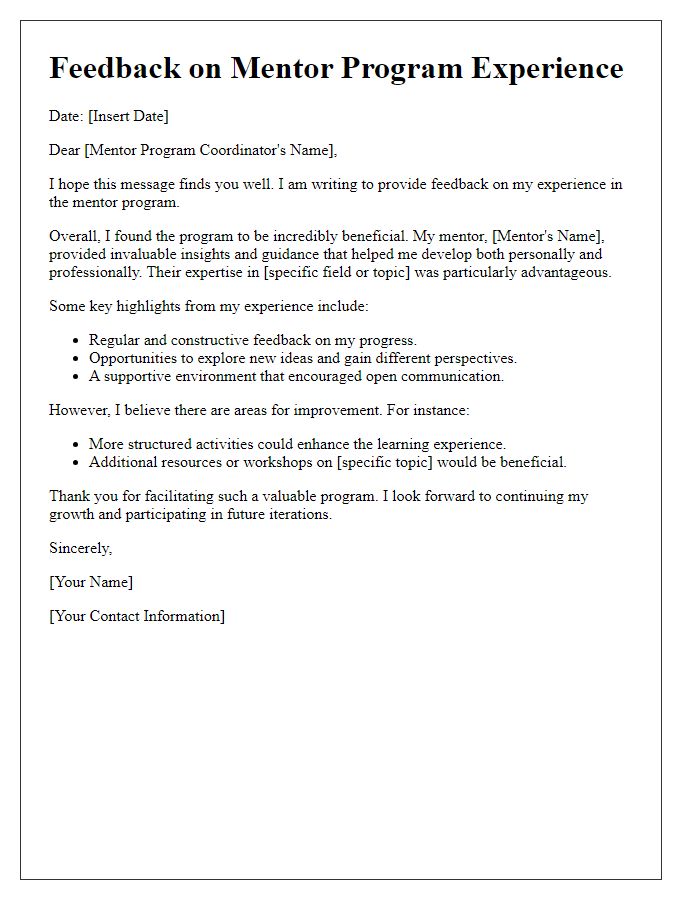 Letter template of feedback on mentor program experience