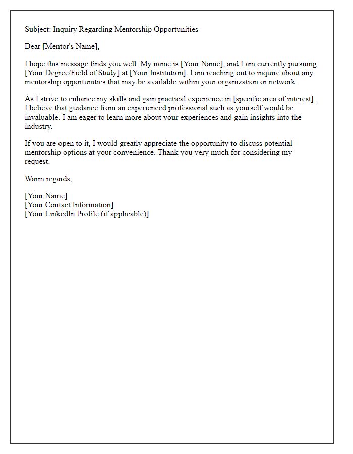 Letter template of inquiry regarding mentorship opportunities