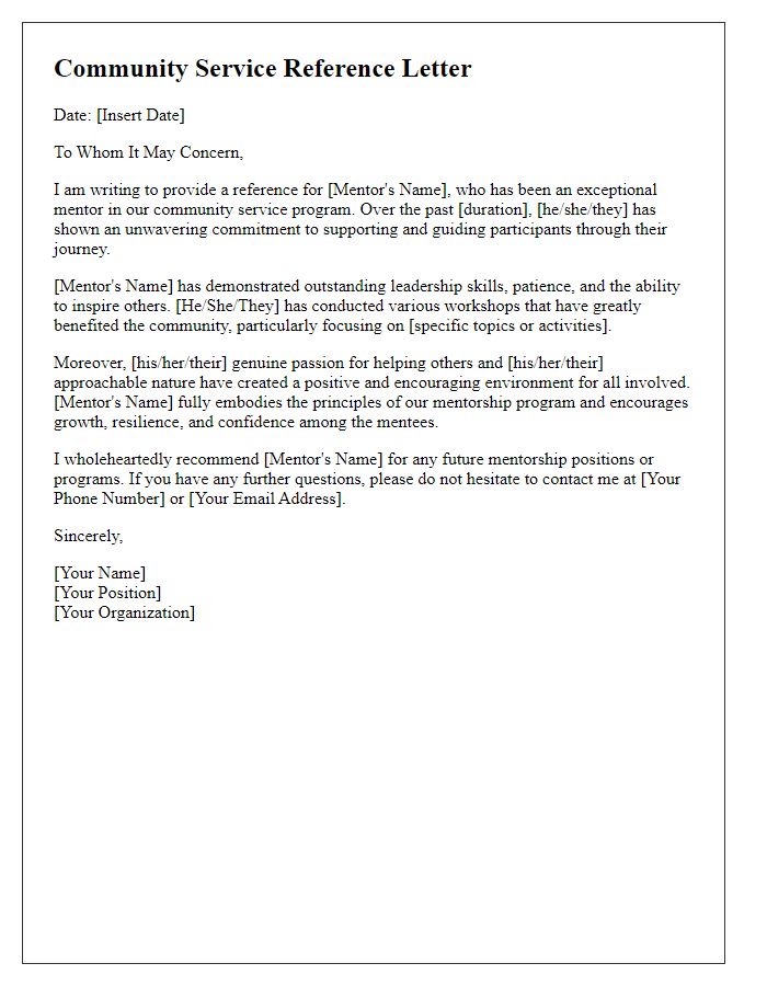 Letter template of community service reference for a mentorship program