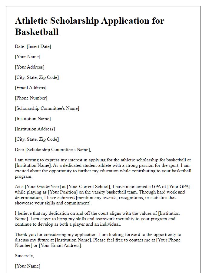 Letter template of athletic scholarship application for basketball players