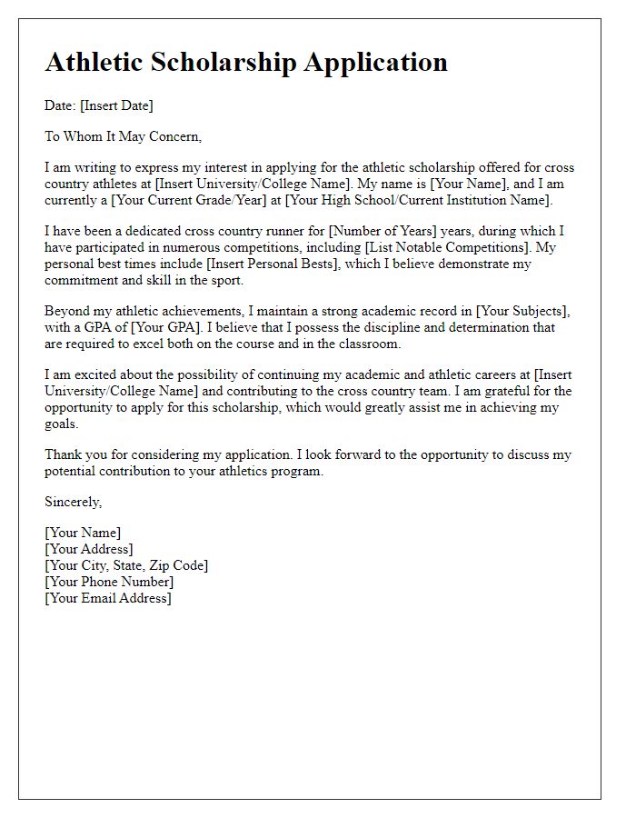 Letter template of athletic scholarship application for cross country runners