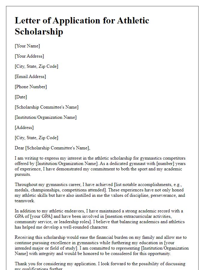 Letter template of athletic scholarship application for gymnastics competitors