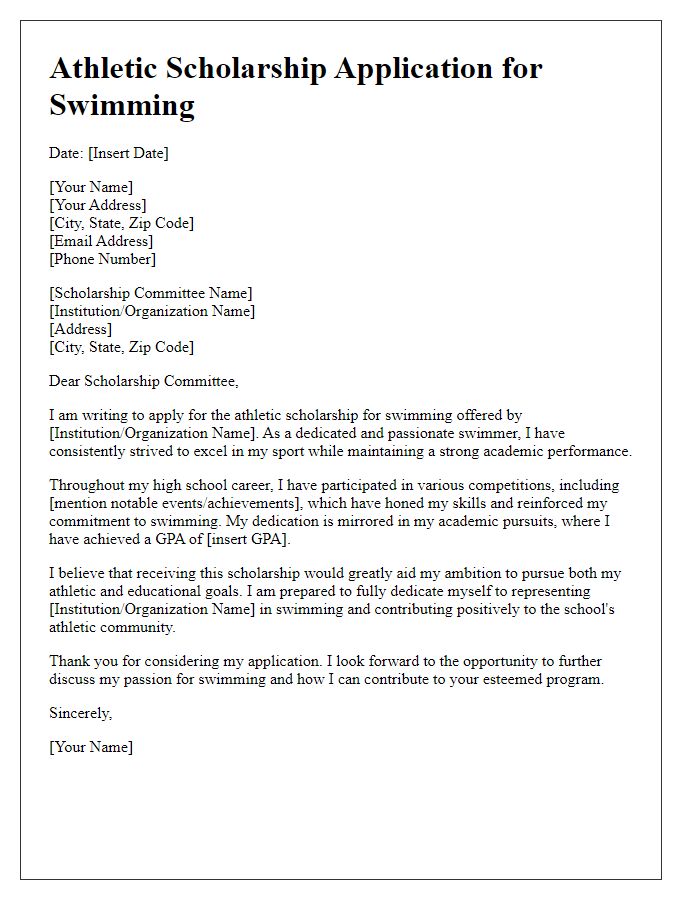 Letter template of athletic scholarship application for swimming contenders