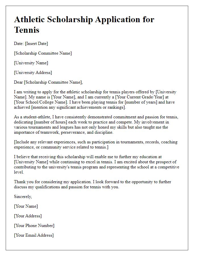 Letter template of athletic scholarship application for tennis players