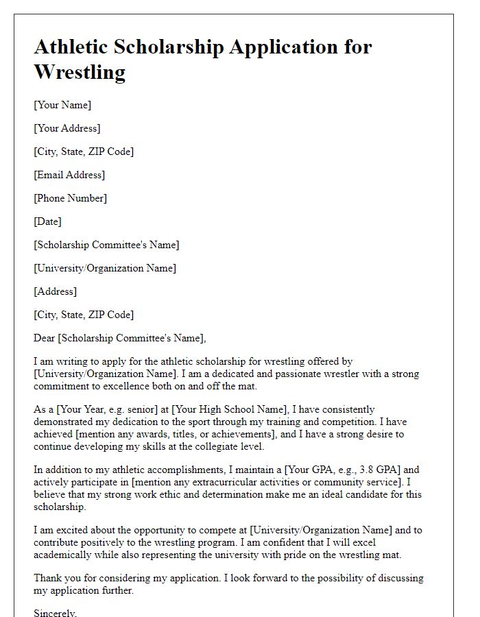 Letter template of athletic scholarship application for wrestling contenders