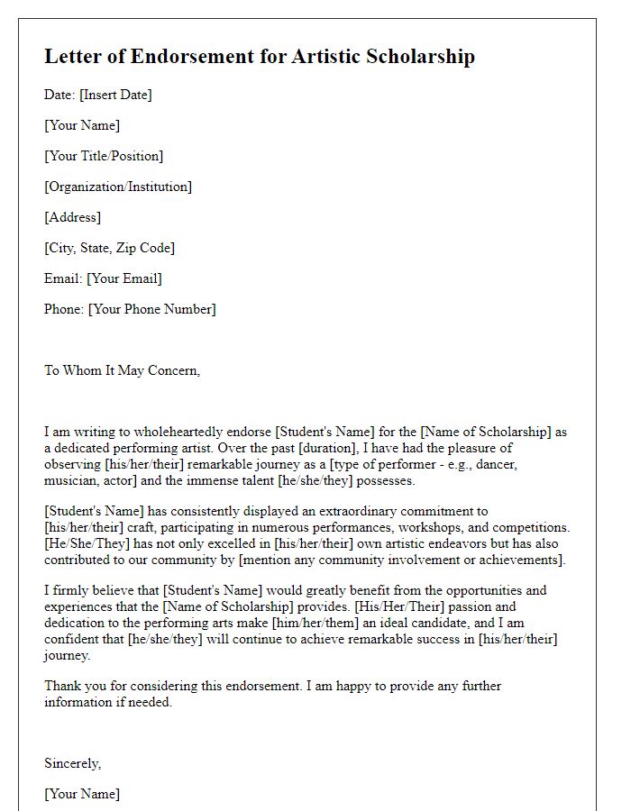 Letter template of artistic scholarship endorsement for a dedicated performing artist.