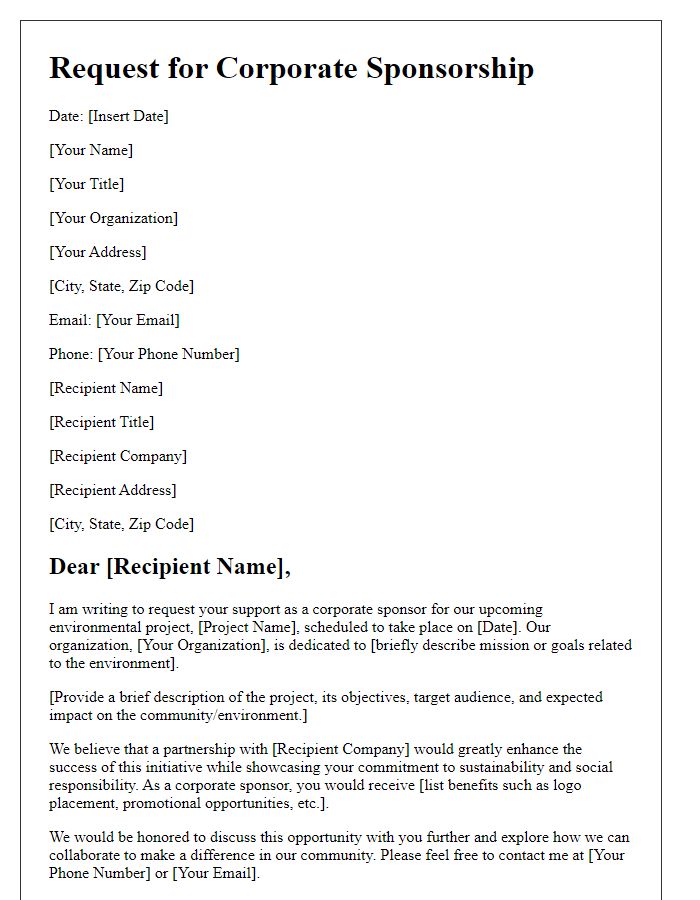 Letter template of corporate sponsorship request for environmental projects