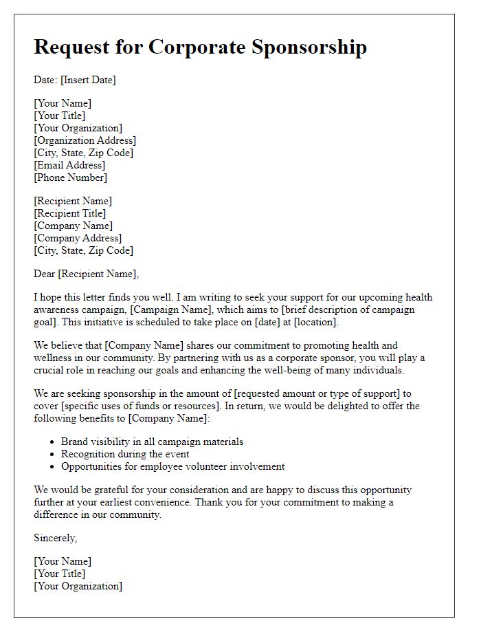 Letter template of corporate sponsorship request for health awareness campaigns