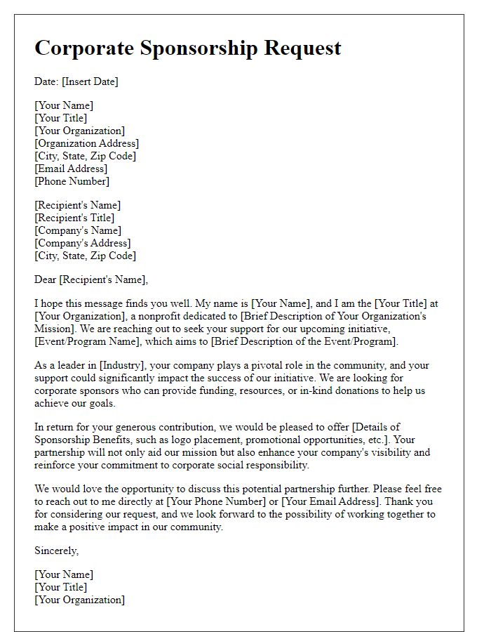 Letter template of corporate sponsorship request for nonprofit partnerships