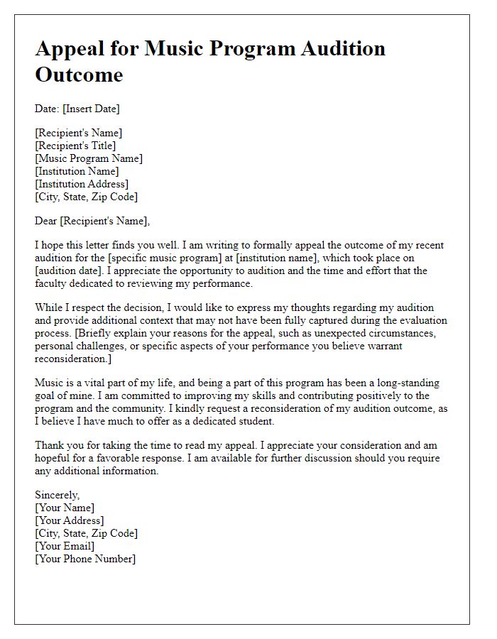 Letter template of appeal for music program audition outcome