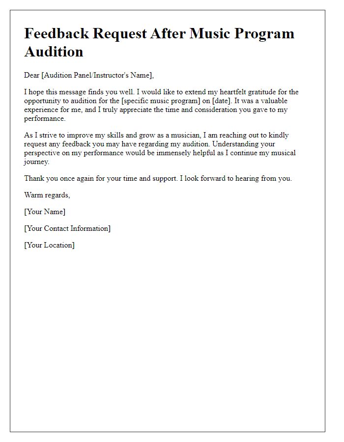 Letter template of feedback request after music program audition