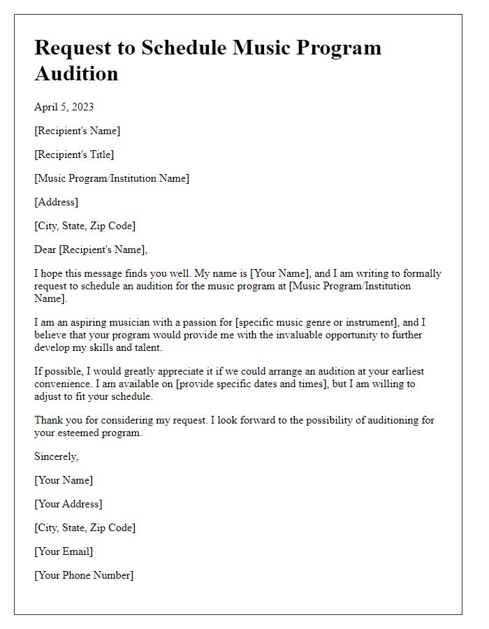 Letter template of request to schedule music program audition