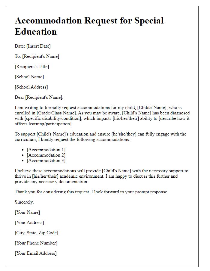 Letter template of accommodation request for special education.