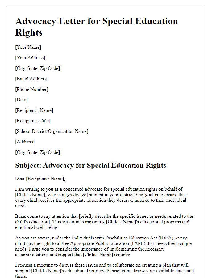 Letter template of advocacy for special education rights.