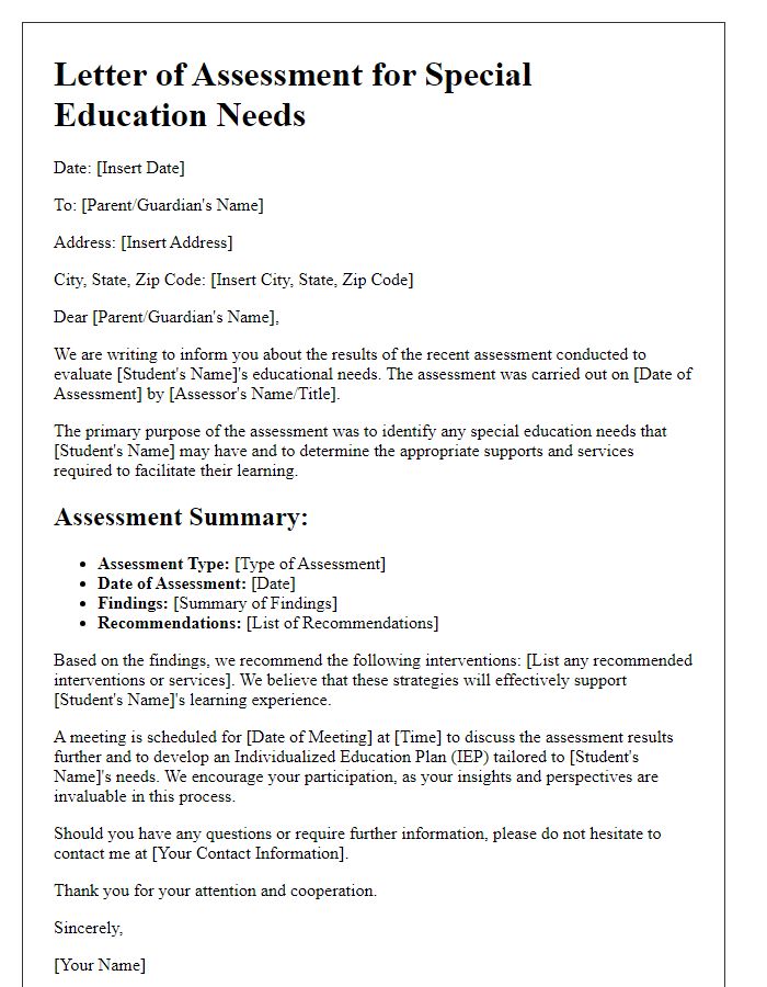 Letter template of assessment for special education needs.