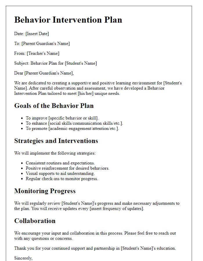 Letter template of behavior plan for special education student.