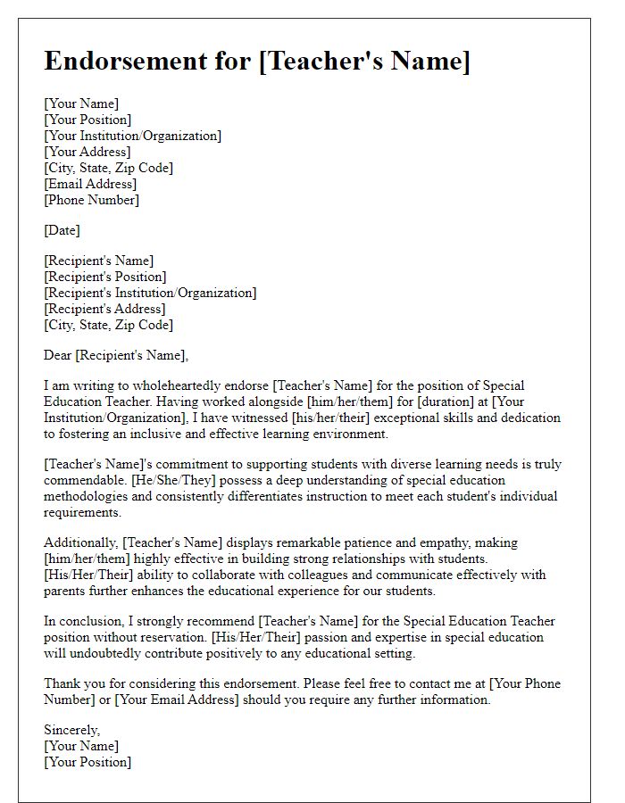 Letter template of endorsement for special education teacher.