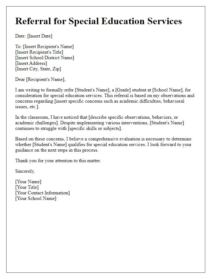 Letter template of referral for special education services.