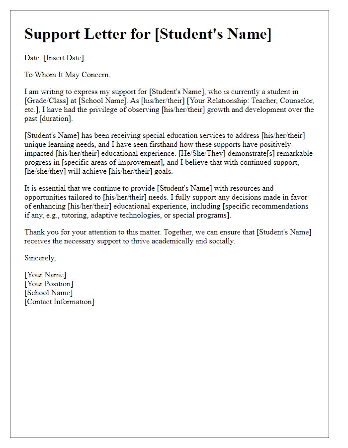 Letter template of support for special education student.