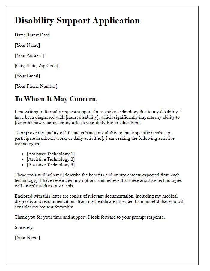 Letter template of disability support application for assistive technology.