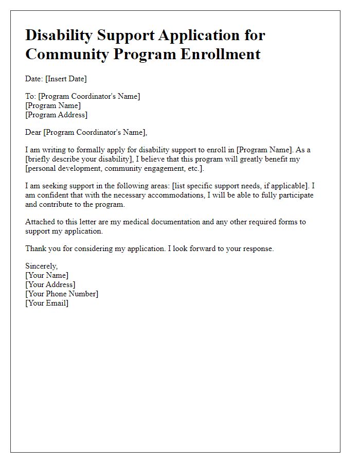 Letter template of disability support application for community program enrollment.