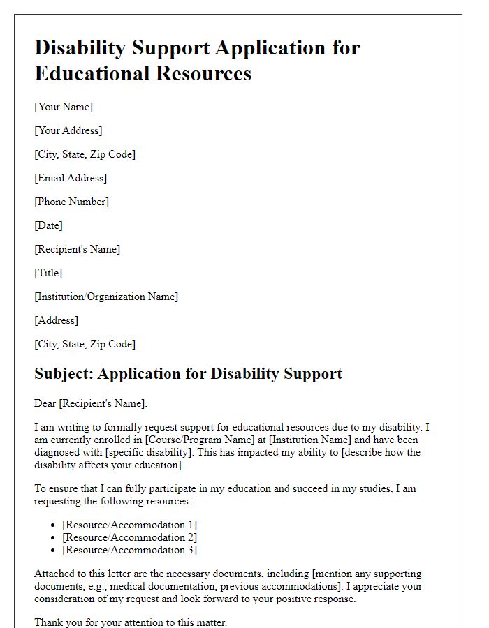 Letter template of disability support application for educational resources.